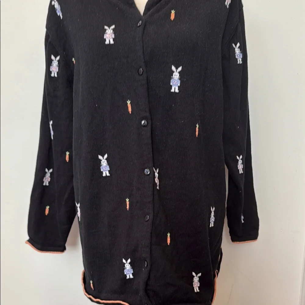 Quacker Factory Black Cardigan with Bunny Embroidery